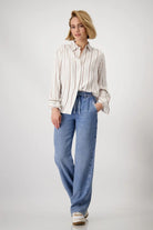 Monari - Satin Striped Blouse | Creamy Beige Patterned - Blouse - Silvermaple Boutique 