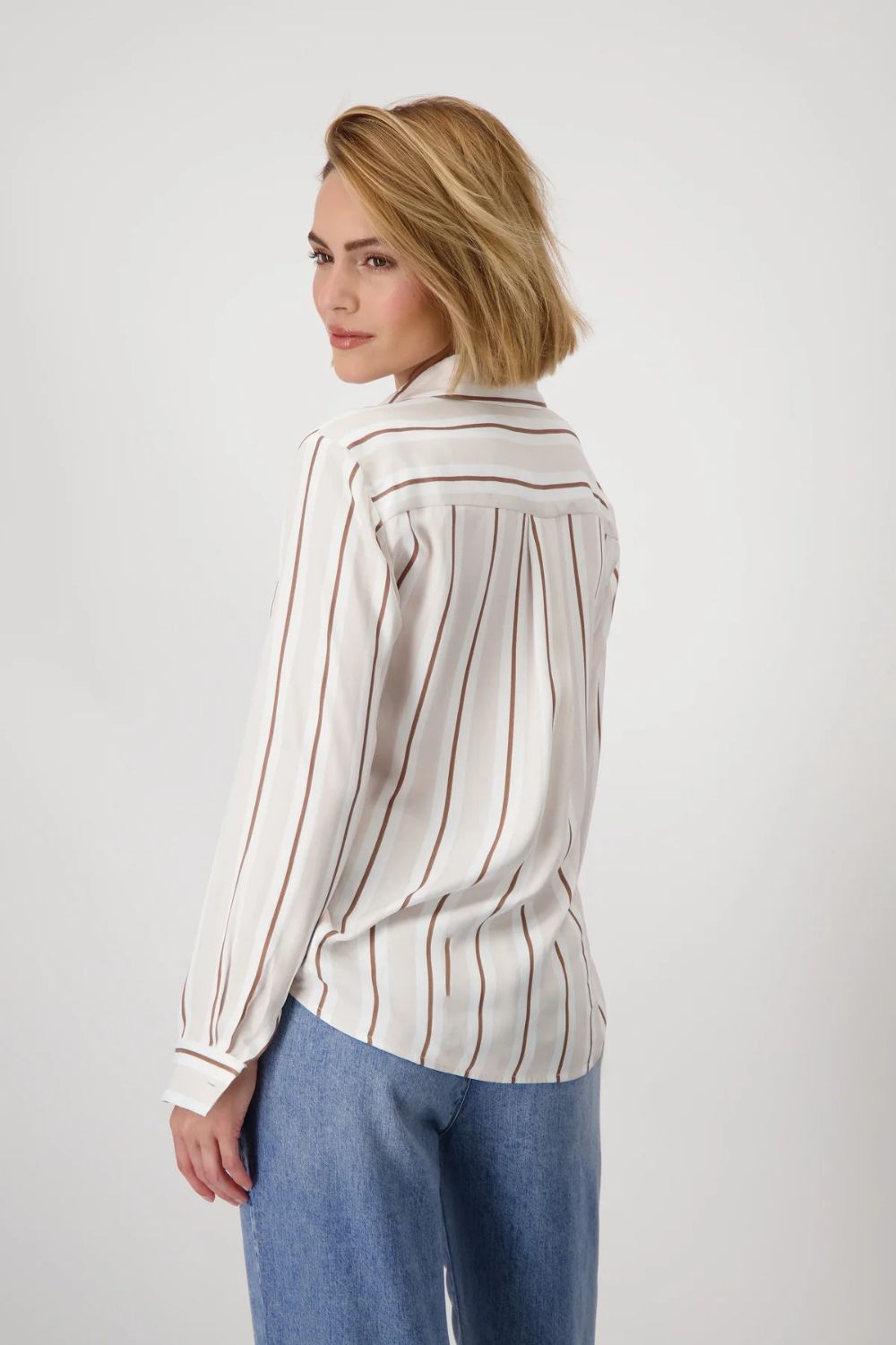 Monari - Satin Striped Blouse | Creamy Beige Patterned - Blouse - Silvermaple Boutique 
