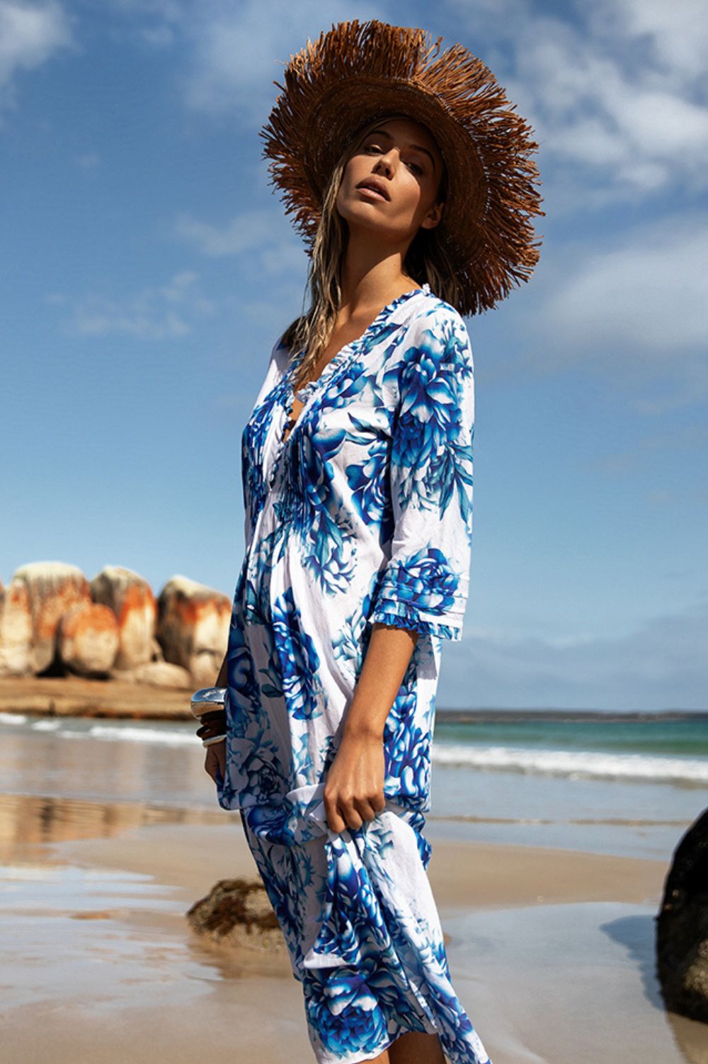 Oneseason - Oneseason Long Poppy Dress | Kefalonia Blue Roses - Dress - Silvermaple Boutique 