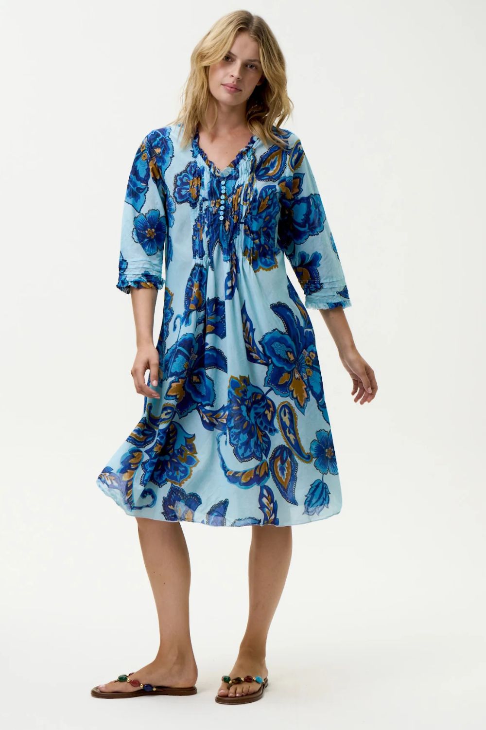 Oneseason - Oneseason Middy Poppy Dress | Lemnos Blue Flower - Dress - Silvermaple Boutique 
