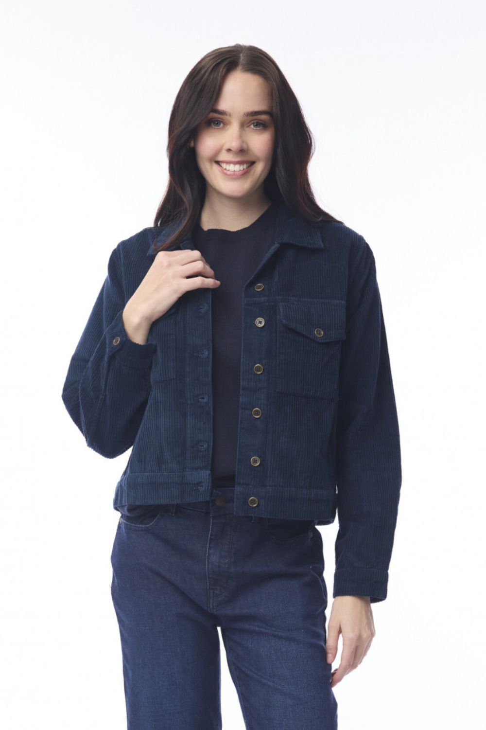 Orientique - Cord Solid Biker Jacket | Navy - Jacket - Silvermaple Boutique 