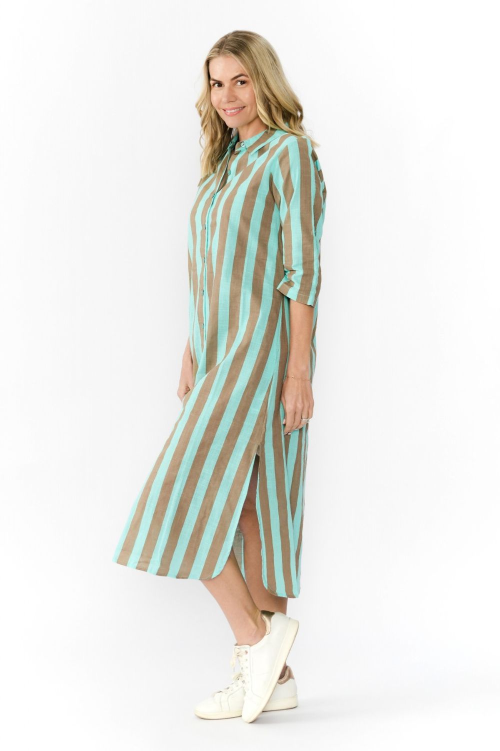 Orientique - Sofia Shirt Dress | Mocha/Sky Stripe - Dress - Silvermaple Boutique 