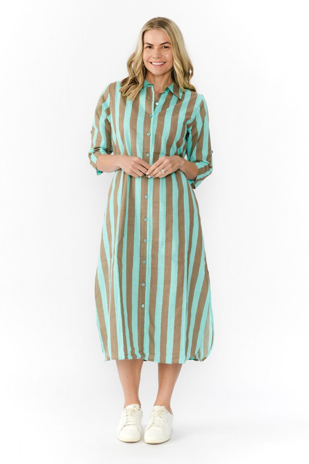 Orientique - Sofia Shirt Dress | Mocha/Sky Stripe - Dress - Silvermaple Boutique 