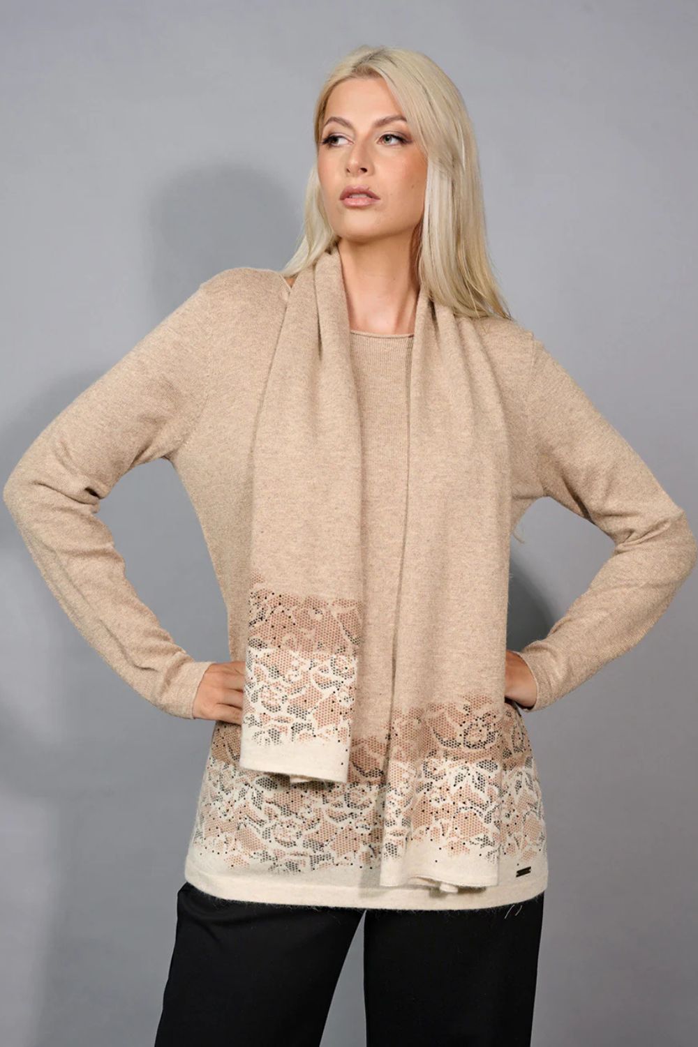 Picadilly - Picadilly Border Printed Top With Scarf | Taupe Multi - Top - Silvermaple Boutique 