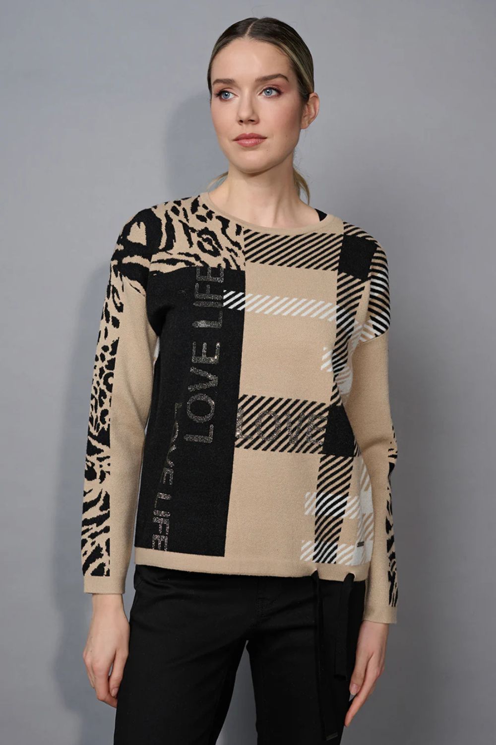 Picadilly - Picadilly Drawstring Hem Jacquard Top | Dijon Animal - Top - Silvermaple Boutique 