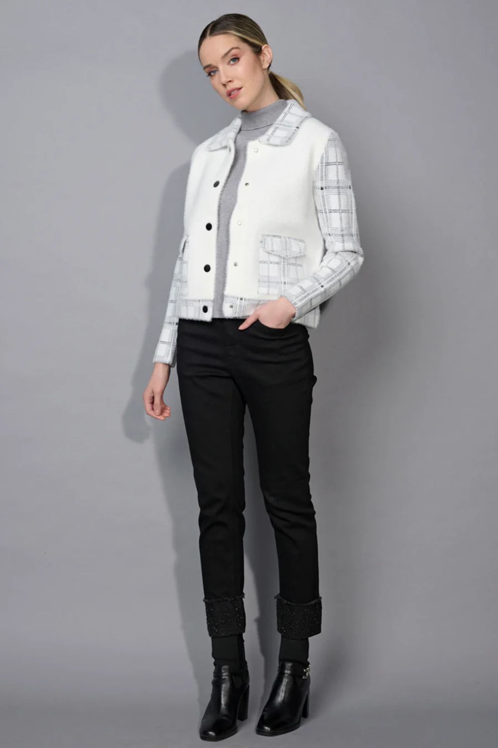 Picadilly - Picadilly Plaid Pockets Short Jacket | Off White/Grey - Jacket - Silvermaple Boutique 
