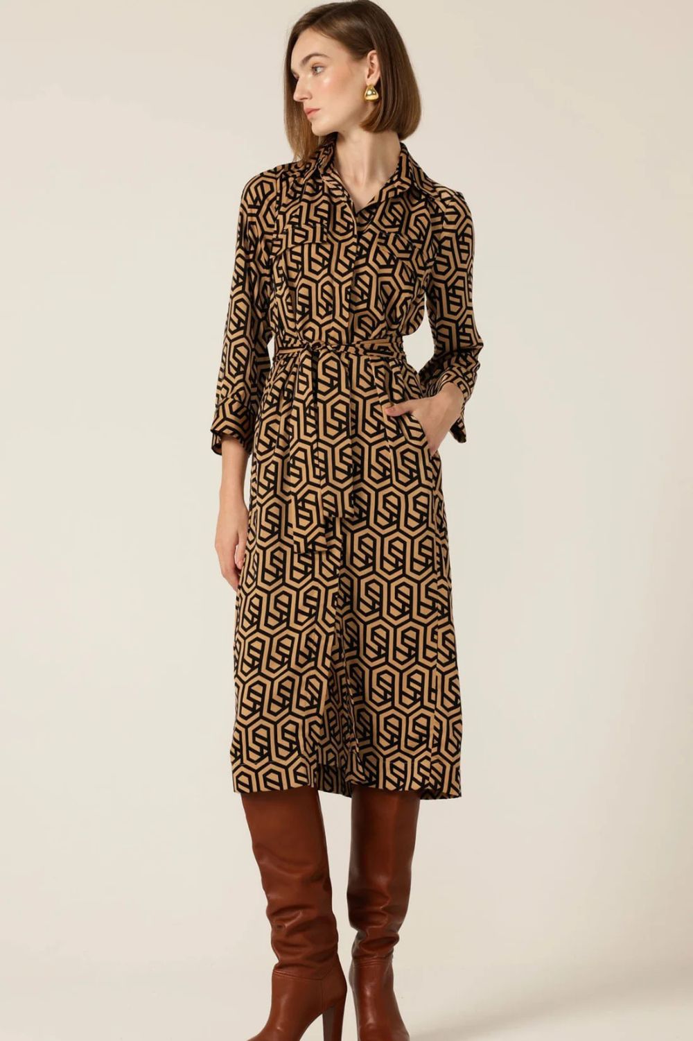 Sacha Drake - Gino Shirtmaker Dress | Black/Tan Geometric - Dress - Silvermaple Boutique 