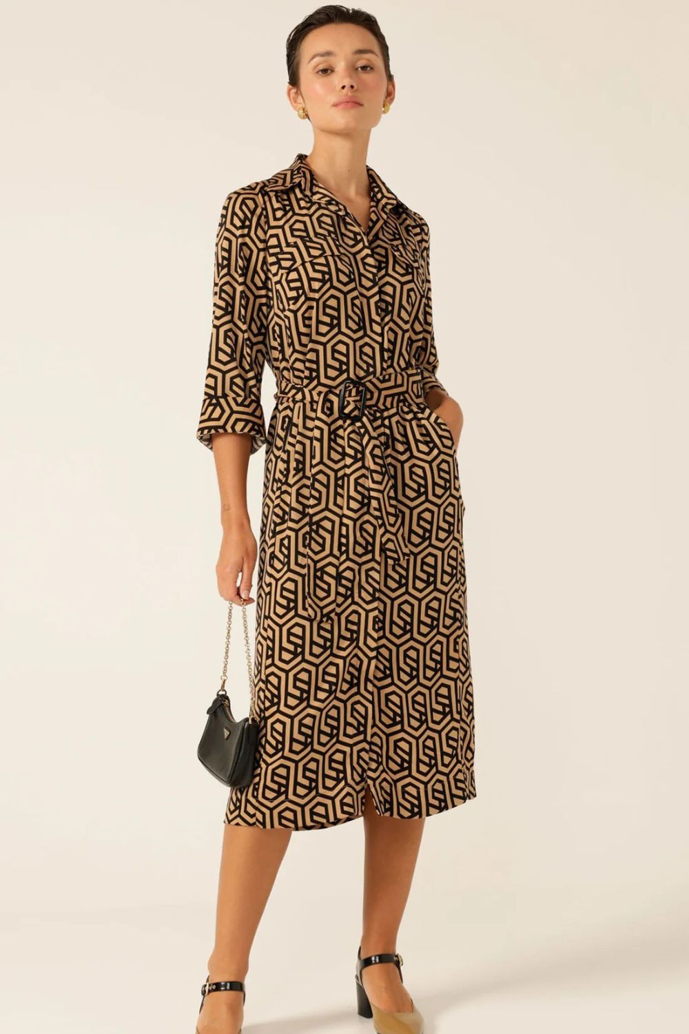 Sacha Drake - Gino Shirtmaker Dress | Black/Tan Geometric - Dress - Silvermaple Boutique 