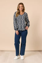 Threadz & Clarity - Lola Print Top | Navy/White - Top - Silvermaple Boutique 