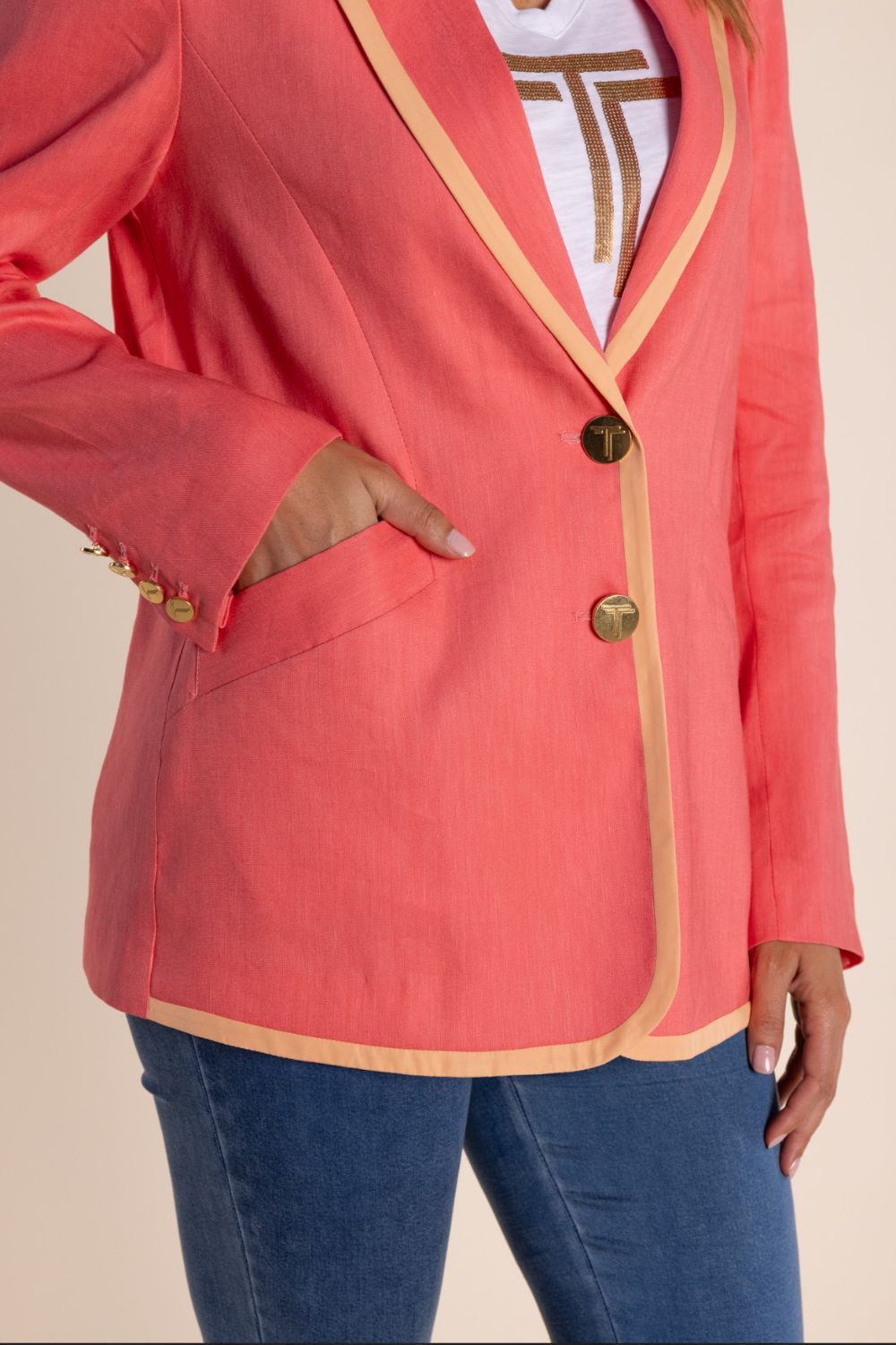 Two T's - Linen Mix Blazer With Contrast Trim | Spring Pink/Mandarin Trim - Blazer - Silvermaple Boutique 