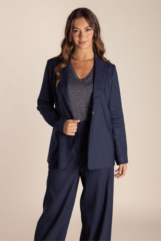 Two T's Single Breasted Linen Blazer | Navy _ Silvermaple Boutique