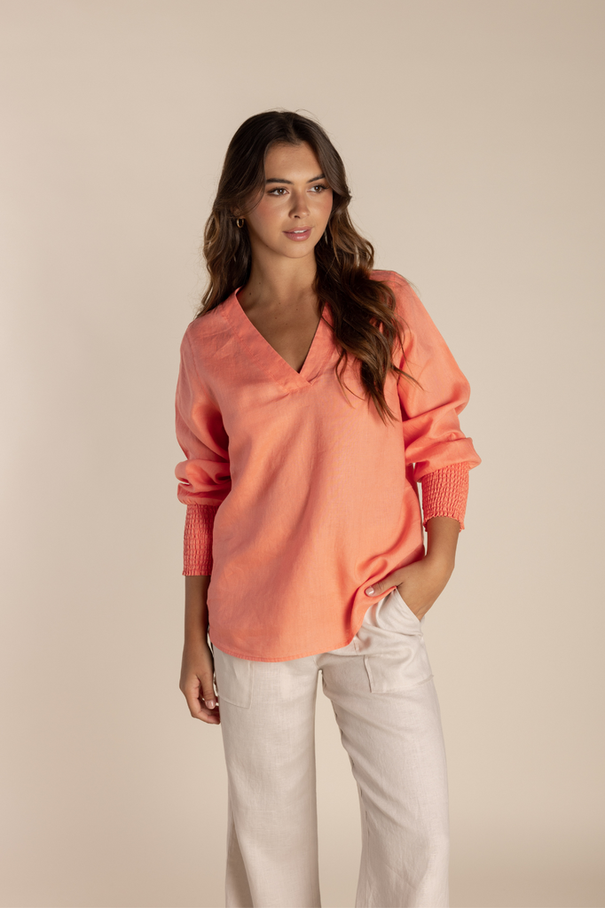 Linen Top With Shirred Cuff | Mango Silvermaple Boutique 