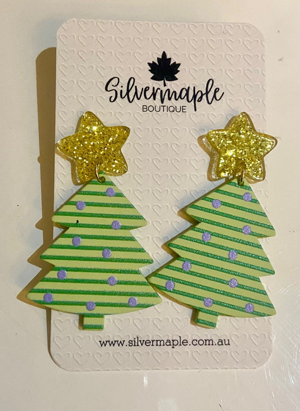 Silvermaple Collection Gifts - Sparkling Christmas Tree Earrings | Green Stripe - Earrings - Silvermaple Boutique 