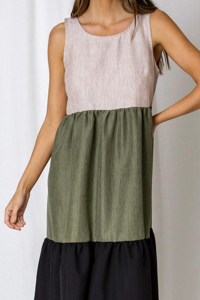Fashion Express Kim Colour Block Tiered Midi Dress | Olive_Silvermaple Boutique