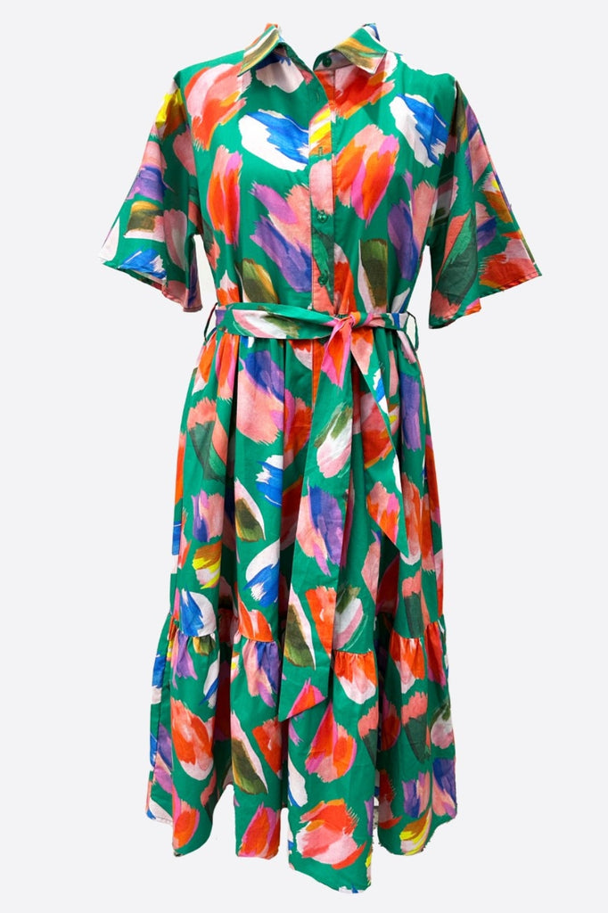Fashion Express Print Collared Dress | Green Paint_Silvermaple Boutique
