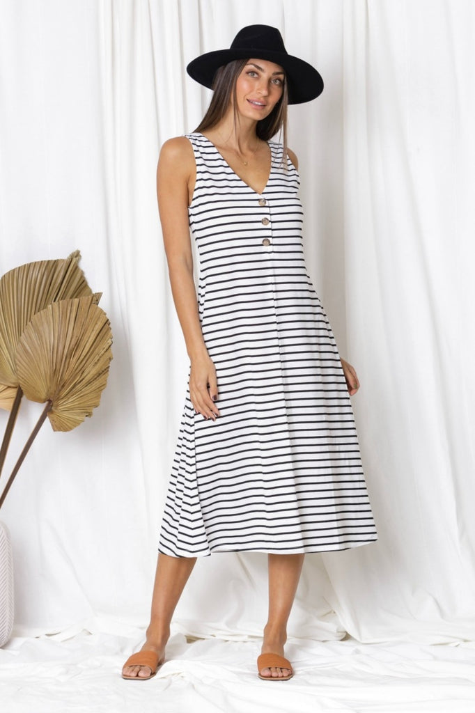 Fashion Express  Marina Button Down Stripe Midi Dress - Silvermaple Boutique
