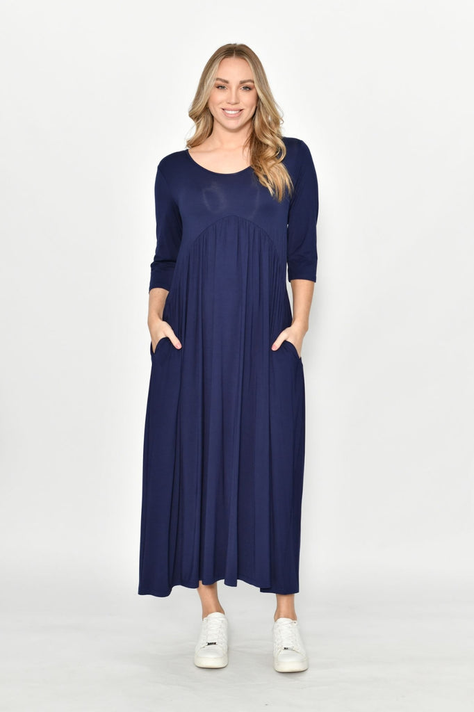 Fashion Express Draped Jersey Maxi Dress with Side Pockets | Navy_Silvermaple Boutique