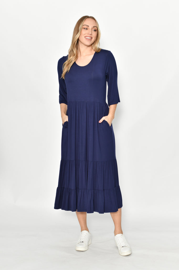 CALi&Co Tiered Jersey Long Dress | Navy_Silvermaple Boutique